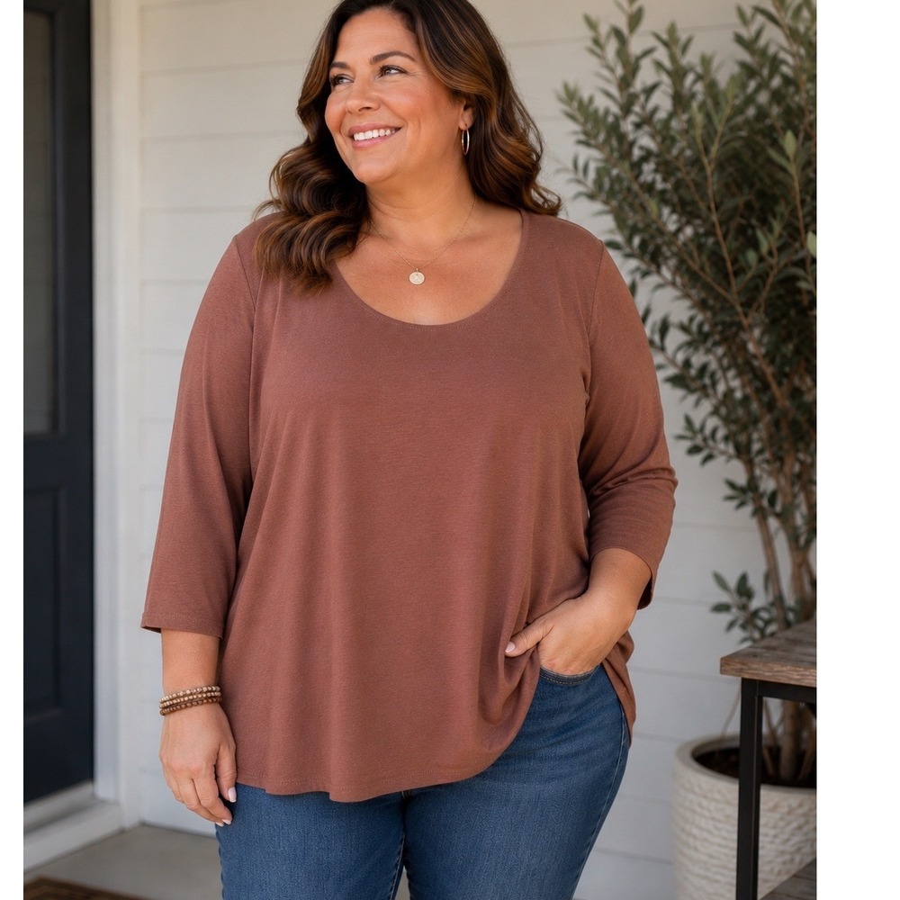 Tahari Women 3X Brown Terracotta 3/4 Sleeve Cotton Scoop Neck Top Soft Casual